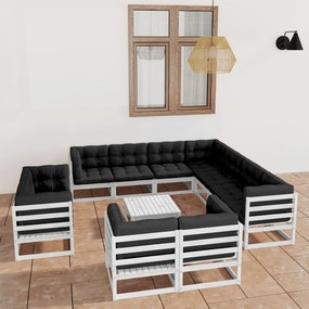 3077000 vidaXL Set mobilier de grădină cu perne, 12 piese, alb, lemn masiv pin