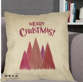 Perna Decorativa Merry Christmas Brazi Roz, 40x40 cm, Crem, Husa Detasabila, Perna Inclusa, BEKZ®