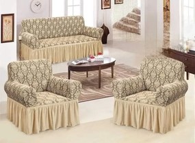 Set huse elastice pentru canapea 3 Locuri si 2 fotolii, cu volanas, model Jacquard Bej