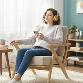 HOMCOM Fotoliu de salon, fotoliu scandinav din stofă cu aspect de in, perne căptușite și picioare din lemn de hevea, 76x87x88cm, bej | Aosom Romania