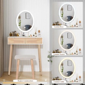 Masuta machiaj cu Oglinda LED si 2 Sertare pentru Cosmetice, Set Masa toaleta 70 cm, Alb, masuta cosmetica, vanity - SEM235