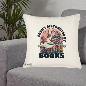 Perna Personalizata Easily Distracted by Books, 40x40 cm, Crem Reliefat, Husa Detasabila, Perna Inclusa, BEKZ®