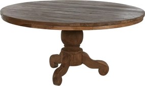 Masă dining rotundă din lemn de tec reciclat, natur, 6–8 locuri, cu picior central pe trei volute, 78 x 160 cm, „Komodo”