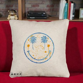 Perna Decorativa Smiley Face Tropical Albastru Glitter si Portocaliu, 40x40 cm, Bej Canapea, Husa Detasabila, Perna Inclusa, BEKZ®