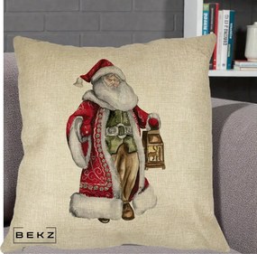 Perna Decorativa Mos Craciun Vintage cu Felinar, 40x40 cm, Crem, Husa Detasabila, Perna Inclusa, BEKZ®
