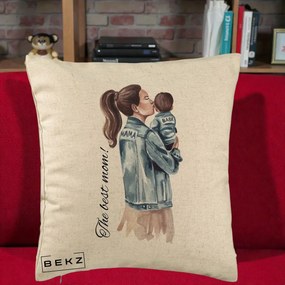 Cadou pentru Mama - Perna Personalizata The Best Mom Jachete, 40x40 cm, Bej, Husa Detasabila, Perna Inclusa, BEKZ®