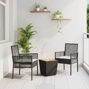 vidaXL Set bistro de grădină, 3 piese, cu perne, negru, poliratan