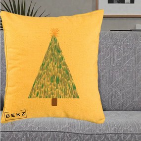 Perna Decorativa Brad de Craciun Acrilic Albastru, 40x40 cm, Galben, Husa Detasabila, Perna Inclusa, BEKZ®