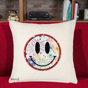 Perna Decorativa Smiley Face cu Artificii Multicolore, 40x40 cm, Crem Reliefat, Husa Detasabila, Perna Inclusa, BEKZ®