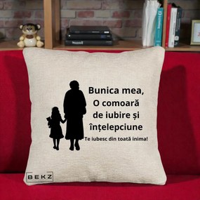 Cadou pentru Bunica - Perna Personalizata Bunica Mea Comoara Iubire Intelepciune Silueta, 40x40 cm, Bej Canapea, Husa Detasabila, Perna Inclusa, BEKZ®