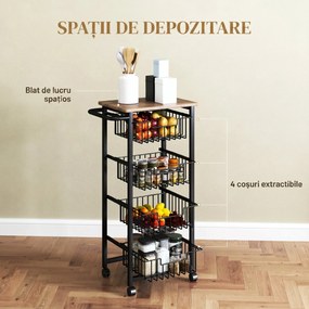 HOMCOM Cărucior de Bucătărie cu 4 Coșuri Detașabile, Roți și Frâne, Oțel și Lemn, 49.5x31x91 cm, Stejar | Aosom Romania