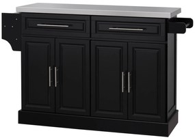 HOMCOM Insulă de bucătărie pe roți Blat din oțel inoxidabil Sertare Rafturi reglabile Suport pentru condimente Suport prosoape 145x45x93 cm Negru | Aosom Romania