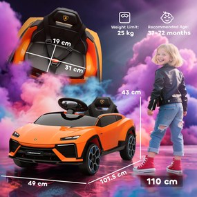 AIYAPLAY Mașină Electrică pentru Copii sub Licență Lamborghini cu Claxon și Telecomandă, 101.5x49x43 cm, Portocalie | Aosom Romania