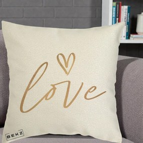 Perna Decorativa Love Caligrafie Aurie, 40x40 cm, Ecru, Husa Detasabila, Perna Inclusa, BEKZ®