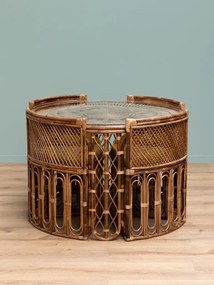 Set dining din ratan împletit manual, maro, masă rotundă cu blat din sticlă și 4 scaune, perne din catifea muștar, aspect vintage, 76 x 109 cm,