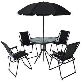 Set de mobilier de terasă, masă, 4 scaune pliabile și umbrelă de soare