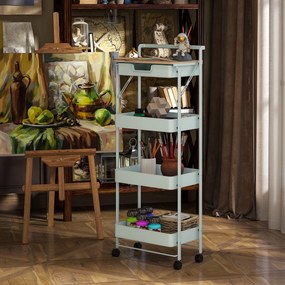 HOMCOM Desserte cărucior de depozitare cu roți 4 niveluri cu sertar, blat și coșuri, verde | Aosom Romania