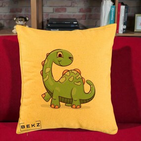 Perna Decorativa Brontosaur Verde Simpatic, 40x40 cm, Galben, Husa Detasabila, Perna Inclusa, BEKZ®