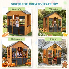 AIYAPLAY Căsuță din Lemn Copii cu Jardiniere, pentru Joacă Exterior/Interior, Vârsta 3-8, Maro | Aosom Romania