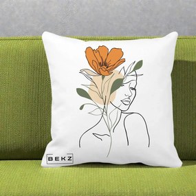 Perna Decorativa Portret Feminin Floare Portocalie, 40x40 cm, Alba Mata, Husa Detasabila, Perna Inclusa, BEKZ®