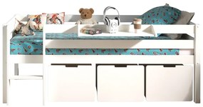 Dormitor Pino ALB 90x200 cm – Echilibru perfect cu scară, 3 sertare & raft suspendat | Gama PINO