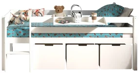 Dormitor Pino ALB 90x200 cm – Echilibru perfect cu scară, 3 sertare & raft suspendat | Gama PINO
