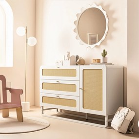 Comodă în stil rustic cu ratan și mânere aurii, 3 sertare și 1 ușă, 120x40x85 cm, Alb