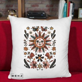 Perna Decorativa Soare Boho Folk Fluturi, 40x40 cm, Alb Pufos, Husa Detasabila, Perna Inclusa, BEKZ®