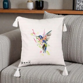 Perna Decorativa Colibri Acuarela, 40x40 cm, Bej cu Franjuri, Husa Detasabila, Perna Inclusa, BEKZ®