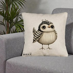 Perna Decorativa Pui Elegant Alb-Negru, 40x40 cm, Bej Canapea, Husa Detasabila, Perna Inclusa, BEKZ®