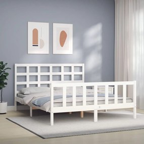 3192107 vidaXL Cadru de pat cu tăblie, alb, king size, lemn masiv