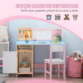 HOMCOM Set Masă și Scaune pentru Copii 5-8 Ani cu Spațiu de Depozitare, Tablă și Scaun, 90x45x85 cm, Roz | Aosom Romania