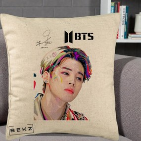 Perna Personalizata K-pop BTS Jimin Portret Artistic Multicolor cu Autograf, 40x40 cm, Bej, Husa Detasabila, Perna Inclusa, BEKZ®