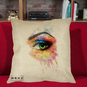 Perna Decorativa Ochi Verde Acuarela, 40x40 cm, Crem, Husa Detasabila, Perna Inclusa, BEKZ®