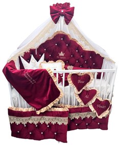 Lenjerie pătuț bebeluși din Catifea Vișinie cu apărători matlasate  cearșaf  cuvertură pat și pernuta