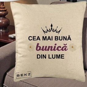 Cadou pentru Bunica - Perna Personalizata Cea Mai Buna Bunica Din Lume Coroana Mov Flori, 40x40 cm, Bej, Husa Detasabila, Perna Inclusa, BEKZ®