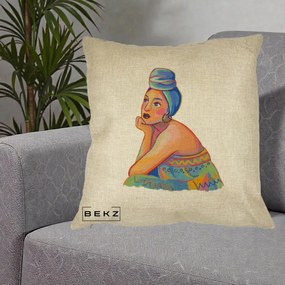 Perna Decorativa Portret Femeie Contemplativa, 40x40 cm, Crem, Husa Detasabila, Perna Inclusa, BEKZ®