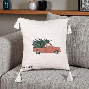 Perna Decorativa Camioneta Terracotta Brad de Craciun, 40x40 cm, Bej cu Franjuri, Husa Detasabila, Perna Inclusa, BEKZ®