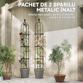 Outsunny Set de 2 Suporturi pentru Plante Cățărătoare înalte de 1,74 m, Suporturi din Oțel cu Decorațiuni, pentru Trandafiri, Roșii, Flori, Mazăre și Legume, Negru | Aosom Romania