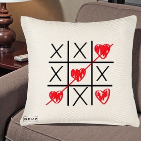 Cadou Romantic - Perna Personalizata Love Joc X si Inima cu Castigator Iubire, 40x40 cm, Crem Reliefat, Husa Detasabila, Perna Inclusa, BEKZ®