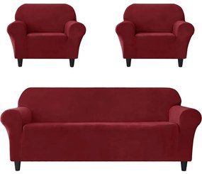 Set huse elastice din catifea pentru canapea 3 locuri + 2 fotolii, cu brate, rosu, HCCJS-11