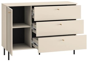 Comoda living  dormitor hol cu 3 sertare si 1 usa , casmir mdf casmir cu model , 120x85x40 cm, canturi abs, cu rafturi, picioare negre butoni auriu