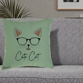Perna Personalizata Cute Cat cu Ochelari, 40x40 cm, Verde, Husa Detasabila, Perna Inclusa, BEKZ®
