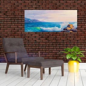 Tablou - Valuri lovind stânci, pictură în ulei (120x50 cm)