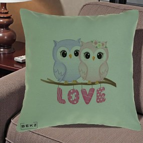 Perna Decorativa Love Bufnite Indragostite pe Crenguta Roz si Mov, 40x40 cm, Verde, Husa Detasabila, Perna Inclusa, BEKZ®