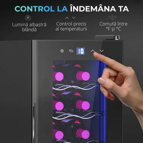 HOMCOM Frigider Termoelectric Dublu pentru 12 Sticle de Vin cu Ușă de Sticlă și Lumină LED, 26,5x51,5x65 cm, Negru | Aosom Romania