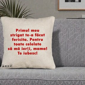 Cadou pentru Mama - Perna Personalizata Primul Strigat Mama, 40x40 cm, Bej Canapea, Husa Detasabila, Perna Inclusa, BEKZ®