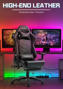 DOWINX Scaun gaming, ergonomic, suport lombar cu masaj, spătar rabatabil 90-180°, cotiere reglabile, suport pentru picioare, rezistent 150 kg, piele PU, Negru