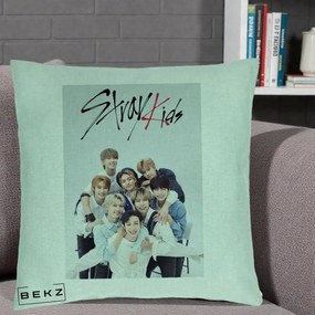 Perna Personalizata K-pop Stray Kids cu Foto Grup Alb-Albastru, 40x40 cm, Verde Menta, Husa Detasabila, Perna Inclusa, BEKZ®