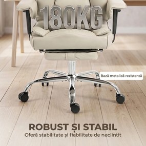 HOMCOM Scaun de Birou Rotativ Rabatabil 135°, Piele Ecologică, Suport pentru Picioare, Cotiere și Înălțime Reglabile, Gri Deschis | Aosom Romania
